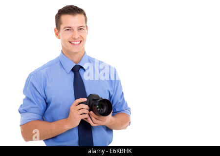 close up portrait of young photographer on white background Stock Photo