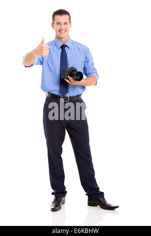 handsome journalist giving thumb up isolated on white Stock Photo