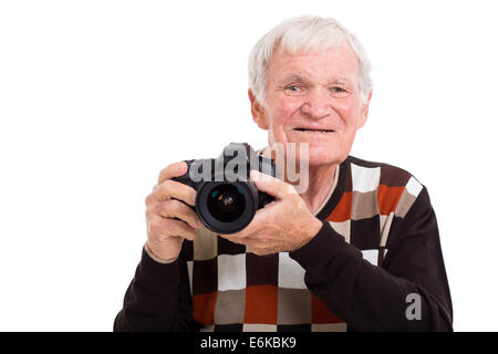 happy retired elderly photographer with camera isolated on white Stock Photo