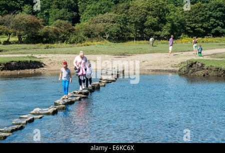 The Stepping Stones at Ogmore Castle, Ogmore by Sea in the Vale of Glamorgan, south Wales on a sunny summer August day Stock Photo