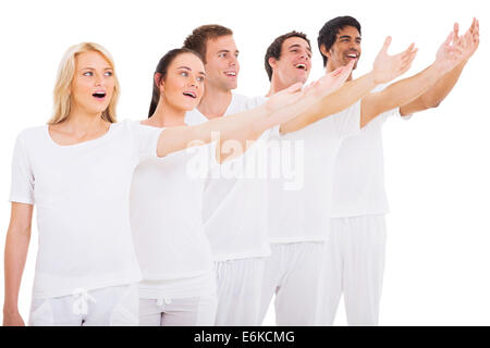 group of young singers performing on white background Stock Photo