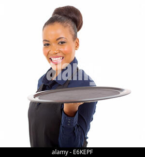 portrait of black waitress with tray over white background Stock Photo