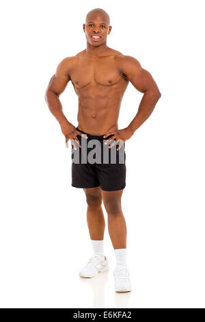 Fotografia do Stock: African American bodybuilder man, naked muscular  torso, wearing underwear, against black background