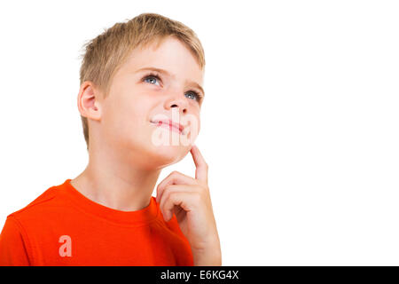 thoughtful little boy isolated on white background Stock Photo