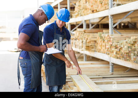 hardware store workers working in timber warehouse Stock Photo