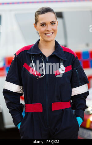 portrait of paramedic in front of ambulance Stock Photo