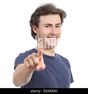 Young man with a perfect white smile pointing at camera isolated on a white background Stock Photo