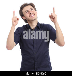 Happy promoter man presenting an advice pointing up isolated on a white background Stock Photo