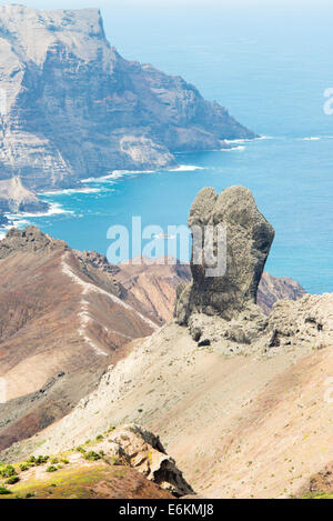 St Helena south Atlantic ocean Sandy bay area with Lot's Wife in the foreground a volcanic plug Stock Photo