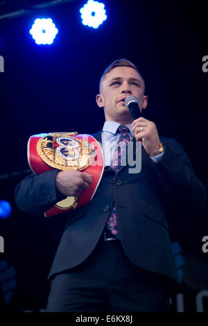 Belfast, Ireland. 9th Sept, 2014 Boxer Carl Frampton with his IBF world super-bantam weight belt which he won on Saturday 6th September 2014 afetr defeating Kiko Martinez Credit:  Bonzo/Alamy Live News Stock Photo