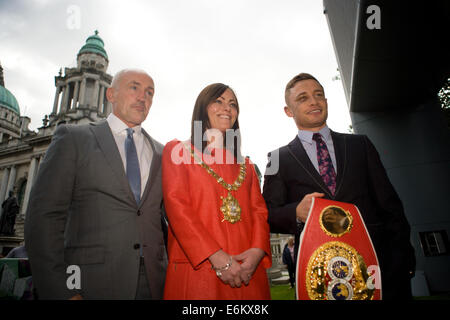 Belfast, Ireland. 9th Sept, 2014 Barry McGuigan, Lord mayor of Belfast Nicola Mallon and World Champion boxer Carl Frampton at the Civic Recption in his honour Credit:  Bonzo/Alamy Live News Stock Photo