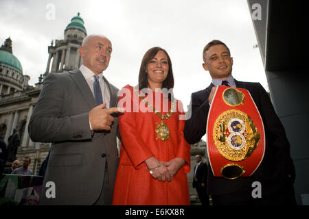 Belfast, Ireland. 9th Sept, 2014 Barry McGuigan, Lord mayor of Belfast Nicola Mallon and World Champion boxer Carl Frampton at the Civic Reception in his honour Credit:  Bonzo/Alamy Live News Stock Photo