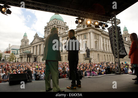 Belfast, Ireland. 9th Sept, 2014  Newly Crowned IBF World Super-Bantam weight Carl Frampton with presenter Jackie Fullerton at the civic reception in the grounds of Belfast City hall Credit:  Bonzo/Alamy Live News Stock Photo