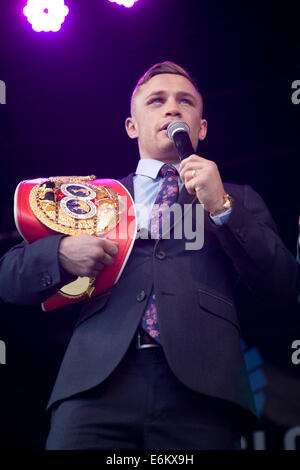 Belfast, Ireland. 9th Sept, 2014 Boxer Carl Frampton with his IBF world super-bantam weight belt which he won on Saturday 6th September 2014 after defeating Kiko Martinez Credit:  Bonzo/Alamy Live News Stock Photo