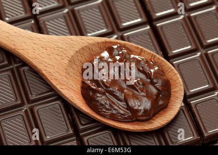 Melted chocolate in a wooden spoon on a chocolate background. Closeup. Stock Photo