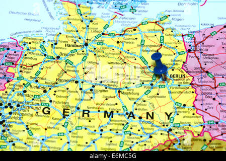 Berlin pinned on a map of europe Stock Photo