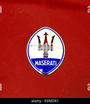 Maserati badge on a racing car in the Museo Enzo Ferrari, Modena, Italy Stock Photo