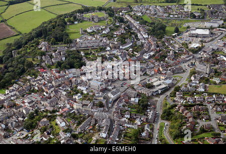 aerial view of the Welsh market town of Denbigh in North Wales, with its 14th century castle in the background Stock Photo