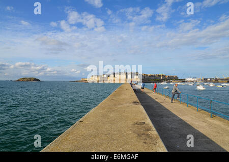 View from the breakwater towards the Walled City in Saint Malo, France. Stock Photo