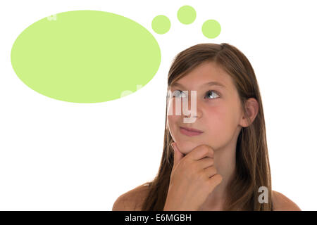 Young girl thinking with speech bubble and copyspace, isolated on a white background Stock Photo