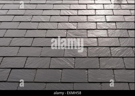 Wet rain covered new slate tiles laid in regular rows on roof with burst sunlight reflecting from shiny slates damp conditions Stock Photo
