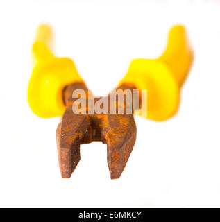 really old rusty pliers with yellow on white background Stock Photo