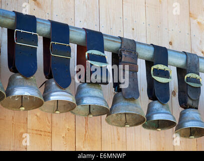 Cowbells on a mountain farm, Lauterbrunnen Valley, Gimmelwald, Bernese Oberland, Canton of Bern, Switzerland Stock Photo