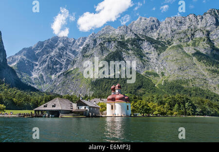 St. Bartholomae in Königssee in front of the Watzmann, Berchtesgaden National Park, Berchtesgadener Land district Stock Photo