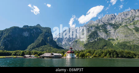 St. Bartholomae in Königssee in front of the Watzmann, Berchtesgaden National Park, Berchtesgadener Land district Stock Photo