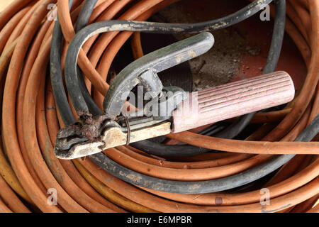 Welding electrode holder with attached electrode wire Stock Photo