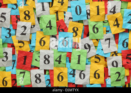 Heap of crumpled colorful paper notes with numbers. Stock Photo