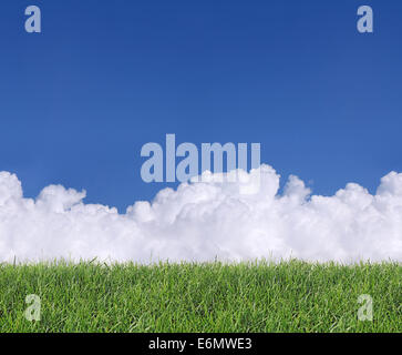 Clouds in the Blue sky and green grass, as seamless background Stock Photo