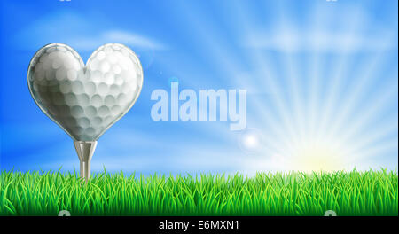 A heart shaped golf ball on its tee in a green grass field golf course. Conceptual illustration for a love of golf Stock Photo