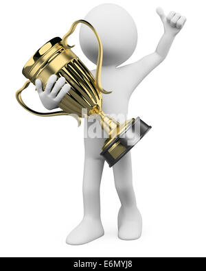 3D Winner with a gold trophy in the hands. Rendered at high resolution on a white background with diffuse shadows.