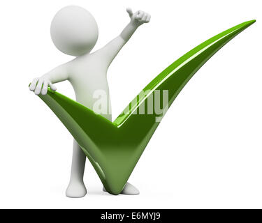 3D man with a huge tick and thumb up. Rendered at high resolution on a white background with diffuse shadows. Stock Photo