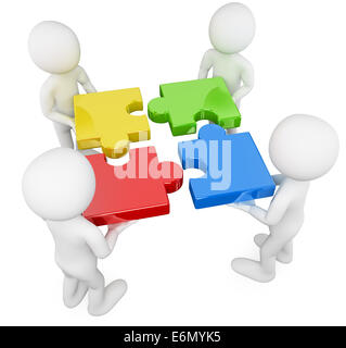 3d white persons solving a puzzle. 3d image. Isolated white background. Stock Photo