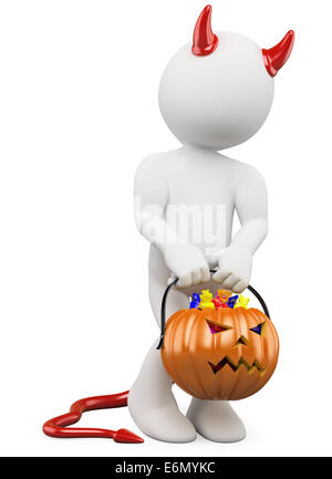 3D halloween white people. Child dressed as devil with a pumpkin full of candy in halloween day going to trick or treat. 3d imag Stock Photo