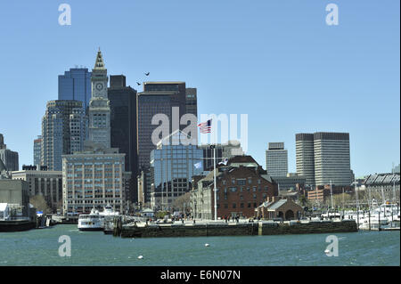 Long Wharf, Custom House Block, and Boston skyline, viewed from on Boston Harbor (Harbour). Massachusetts, USA Stock Photo