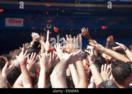 Bunol, Valencia, Spain. 27th August, 2014. A 20,000+ crowd, gathered from all over the world celebrates La Tomatina, Bunol's famous tomato throwing festival. The steets run red as around 40 metric tons of tomatos are thrown in one of the world's biggest food fights Credit:  James Wibberley/Alamy Live News Stock Photo