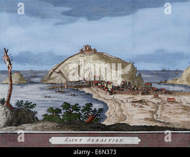 Spain. San Sebastian or Donostia. Santa Clara Island. Map. Late 16th century - 17th century. Engraving. Colored. Stock Photo