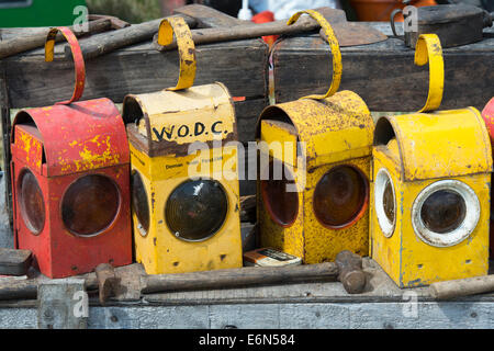 Old road work paraffin lamps at a historical transport show. UK Stock Photo