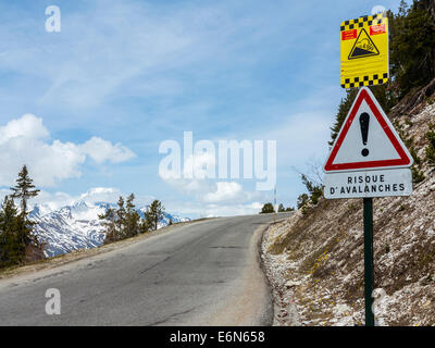 Avalanche warning signs in Les Arcs 1850 ski resort, Savoie, France Stock Photo