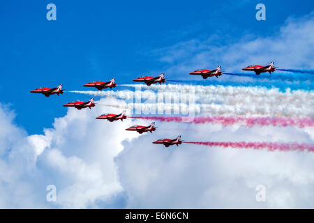 Royal Air Force Red Arrows display team at the Eastbourne International Airshow, August 2014 Stock Photo