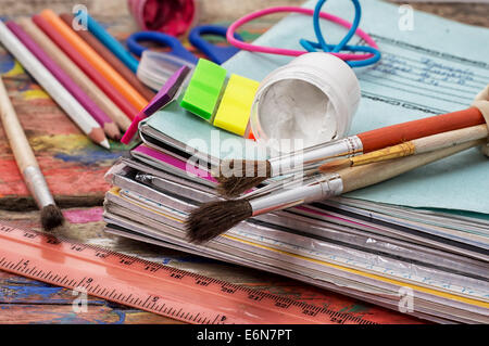 composition with the notebook,pencil,bow schoolgirl first year pupil Stock Photo