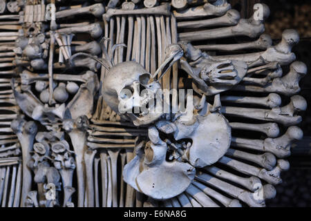 The Schwarzenberg Coat of Arms made of human bones and skulls in the Sedlec Ossuary in Kutna Hora, Czech Republic. Stock Photo