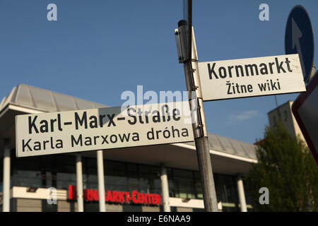 Bilingual street signs in German and Sorbian languages in Bautzen, Upper Lusatia, Saxony, Germany. Stock Photo