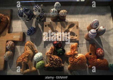 Sorbian Easter eggs and Easter rabbits exhibited in the Open-air Museum in Lehde, Spreewald Region, Lower Lusatia, Germany. Stock Photo