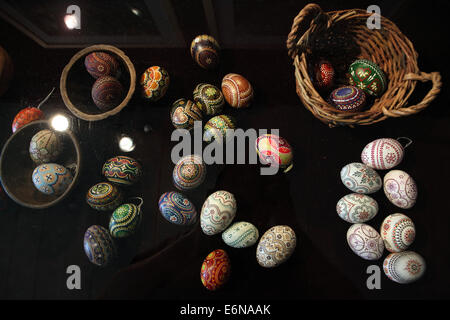 Sorbian Easter eggs exhibited in the Open-air Museum in Lehde, Spreewald Region, Lower Lusatia, Brandenburg, Germany. Stock Photo