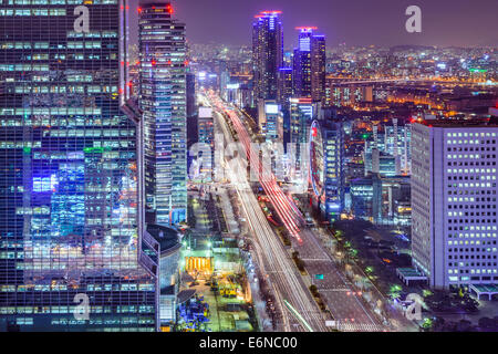 Seoul, South Korea cityscape at Teheranno District at night. Stock Photo