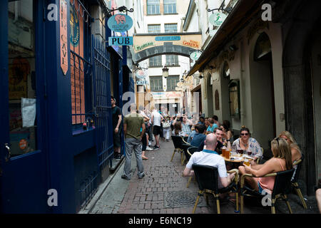 Many bars and restaurants in the historical center of Brussels. Stock Photo